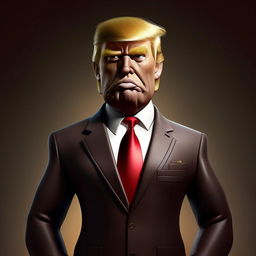 Modify the cartoon figure of Donald Trump in his traditional suit, enhancing his face to exhibit photorealistic features of a high-fashion Dior model.