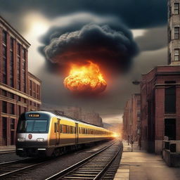 This digital art image showcases a dramatic cityscape with an atomic bomb in the sky, casting an ominous glow over the buildings