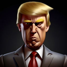 Modify the cartoon figure of Donald Trump in his traditional suit, enhancing his face to exhibit photorealistic features of a high-fashion Dior model.