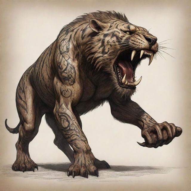 A standoffish figure, half-human, half-smilodon with saber-toothed fangs, inked with traditional tribal tattoos. His body decorated with fresh blood and healed scars, furious and in an aggressive combat stance