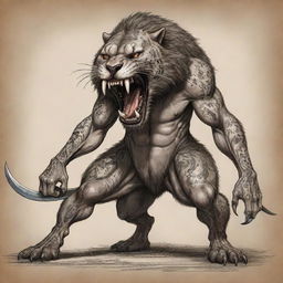 A standoffish figure, half-human, half-smilodon with saber-toothed fangs, inked with traditional tribal tattoos. His body decorated with fresh blood and healed scars, furious and in an aggressive combat stance