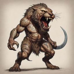 A standoffish figure, half-human, half-smilodon with saber-toothed fangs, inked with traditional tribal tattoos. His body decorated with fresh blood and healed scars, furious and in an aggressive combat stance