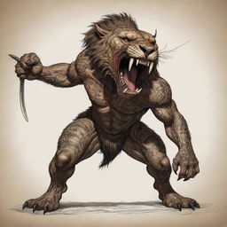 A standoffish figure, half-human, half-smilodon with saber-toothed fangs, inked with traditional tribal tattoos. His body decorated with fresh blood and healed scars, furious and in an aggressive combat stance