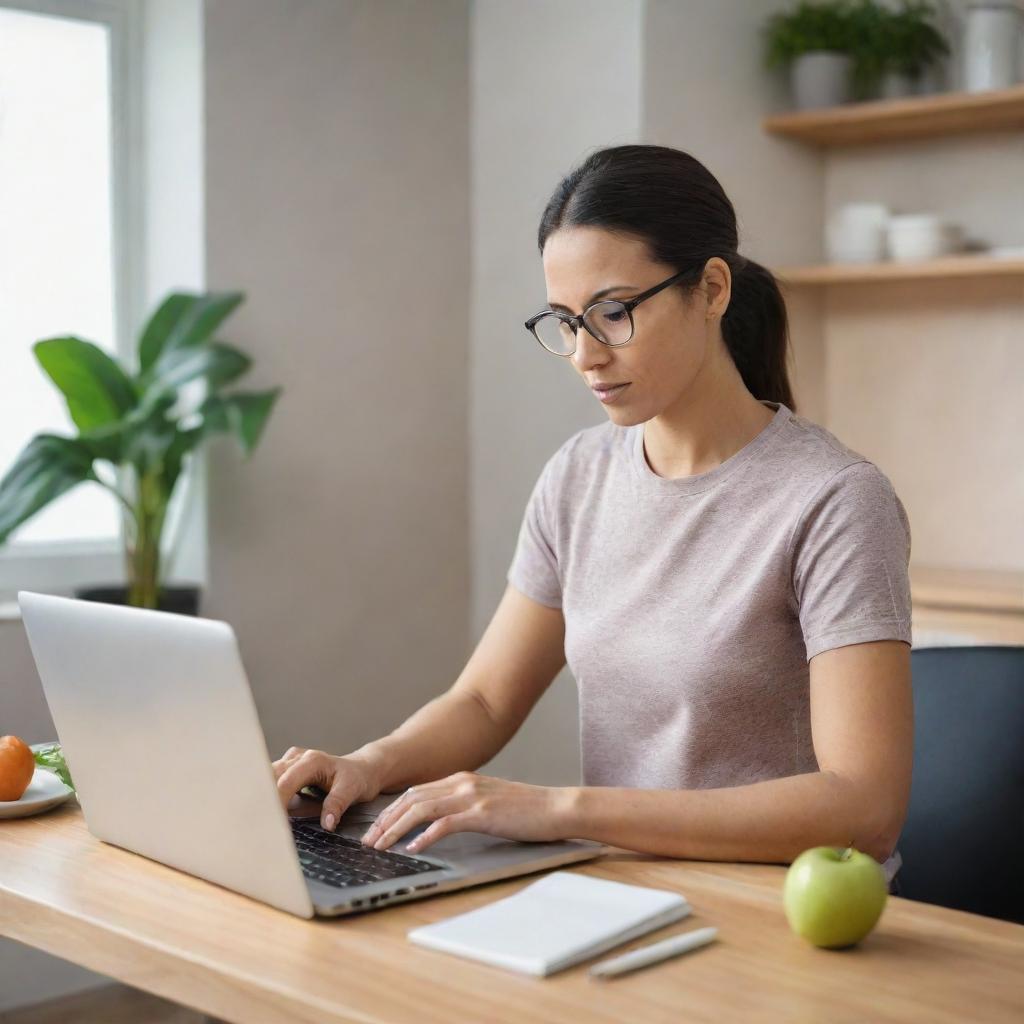 A proficient woman skillfully multitasking across different domains: cooking, working on a laptop, reading a book, and exercising, all in a harmoniously organized indoor setting