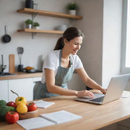 A proficient woman skillfully multitasking across different domains: cooking, working on a laptop, reading a book, and exercising, all in a harmoniously organized indoor setting