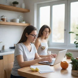 A proficient woman skillfully multitasking across different domains: cooking, working on a laptop, reading a book, and exercising, all in a harmoniously organized indoor setting