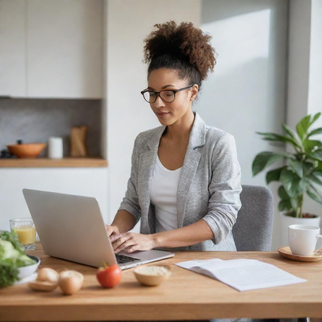 A proficient woman skillfully multitasking across different domains: cooking, working on a laptop, reading a book, and exercising, all in a harmoniously organized indoor setting