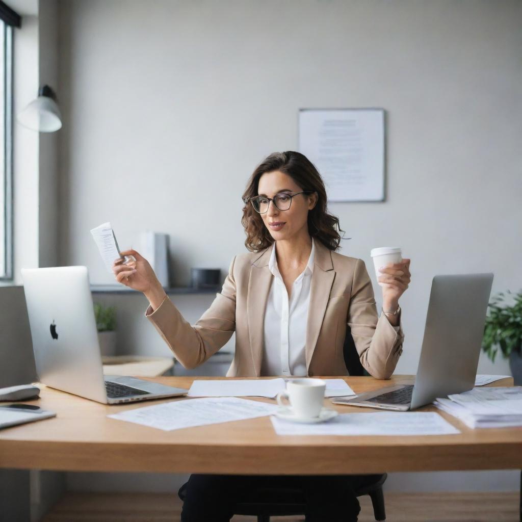 A professional woman efficiently multitasking in a modern office setting, simultaneously juggling tasks on her computer, on a business call, organizing paperwork, and enjoying a cup of coffee.