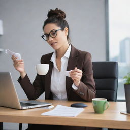 A professional woman efficiently multitasking in a modern office setting, simultaneously juggling tasks on her computer, on a business call, organizing paperwork, and enjoying a cup of coffee.