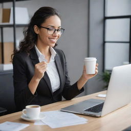 A professional woman efficiently multitasking in a modern office setting, simultaneously juggling tasks on her computer, on a business call, organizing paperwork, and enjoying a cup of coffee.