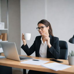 A professional woman efficiently multitasking in a modern office setting, simultaneously juggling tasks on her computer, on a business call, organizing paperwork, and enjoying a cup of coffee.