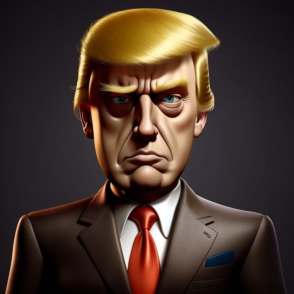 Modify the cartoon figure of Donald Trump in his traditional suit, enhancing his face to exhibit photorealistic features of a high-fashion Dior model.