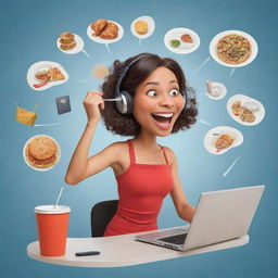 A playful caricature of a woman masterfully multitasking across diverse activities, like handling phone calls, typing on laptop, exercising, and cooking, all in an exaggerated and humorous manner.