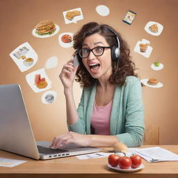 A playful caricature of a woman masterfully multitasking across diverse activities, like handling phone calls, typing on laptop, exercising, and cooking, all in an exaggerated and humorous manner.