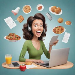 A playful caricature of a woman masterfully multitasking across diverse activities, like handling phone calls, typing on laptop, exercising, and cooking, all in an exaggerated and humorous manner.