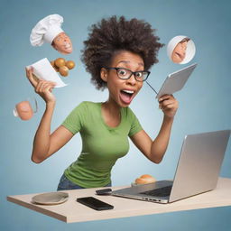 A playful caricature of a woman masterfully multitasking across diverse activities, like handling phone calls, typing on laptop, exercising, and cooking, all in an exaggerated and humorous manner.