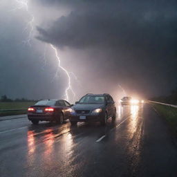 A stormy scene with two cars colliding on a wet highway, illuminated by flashes of lightning.