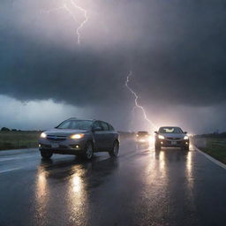 A stormy scene with two cars colliding on a wet highway, illuminated by flashes of lightning.