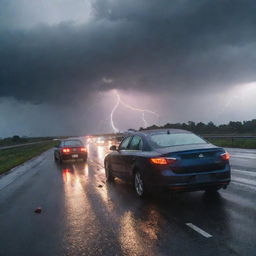 A stormy scene with two cars colliding on a wet highway, illuminated by flashes of lightning.