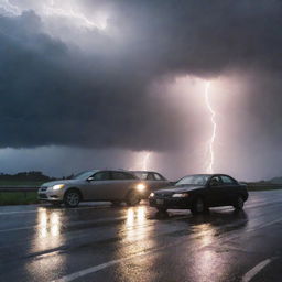 A stormy scene with two cars colliding on a wet highway, illuminated by flashes of lightning.