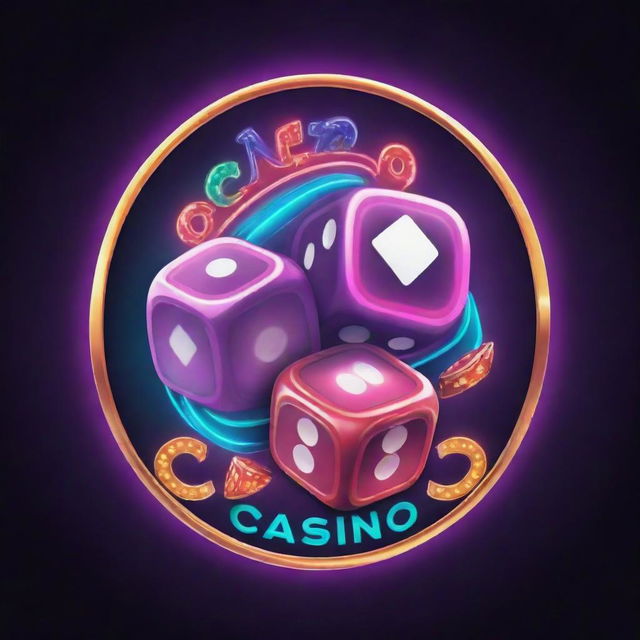 A vibrant and dynamic casino logo, featuring rich colors, gambling related symbols such as dice, cards, slot machines, and neon lights for a dazzling effect.