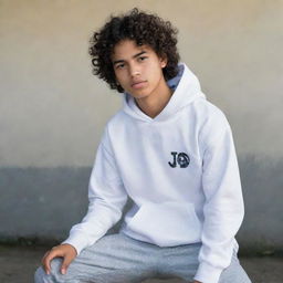 A 17-year-old Indonesian boy with curly hair wears a white hoodie with 'Jo' written on it, gray pants, and white shoes. He tucks his hands into his pants' pockets while shooting a sharp gaze.