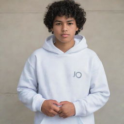 A 17-year-old Indonesian boy with curly hair wears a white hoodie with 'Jo' written on it, gray pants, and white shoes. He tucks his hands into his pants' pockets while shooting a sharp gaze.