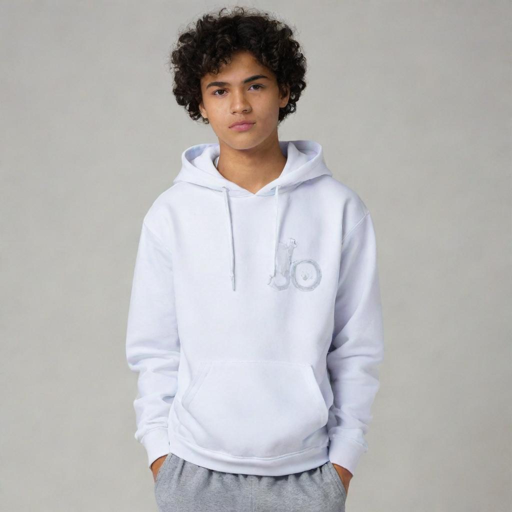 A 17-year-old Indonesian boy with curly hair wears a white hoodie with 'Jo' written on it, gray pants, and white shoes. He tucks his hands into his pants' pockets while shooting a sharp gaze.