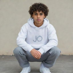 A 17-year-old Indonesian boy with curly hair wears a white hoodie with 'Jo' written on it, gray pants, and white shoes. He tucks his hands into his pants' pockets while shooting a sharp gaze.