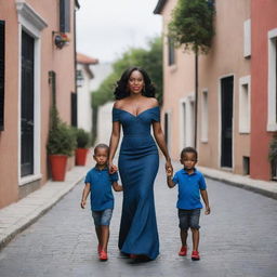 Dark-skinned woman in elegant black gown and red high heels, holding her son who is dressed in a blue jean and black polo, walking down a picturesque street lined with beautiful houses.