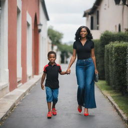 Dark-skinned woman in elegant black gown and red high heels, holding her son who is dressed in a blue jean and black polo, walking down a picturesque street lined with beautiful houses.