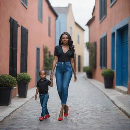 Dark-skinned woman in elegant black gown and red high heels, holding her son who is dressed in a blue jean and black polo, walking down a picturesque street lined with beautiful houses.