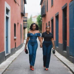 Dark-skinned woman in elegant black gown and red high heels, holding her son who is dressed in a blue jean and black polo, walking down a picturesque street lined with beautiful houses.