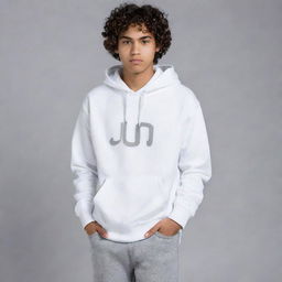 A curly-haired 17-year-old Indonesian boy in a white hoodie with the word 'Jo', gray pants, and white shoes. He is striking a pose with his hands in his pockets, gazing intensely.