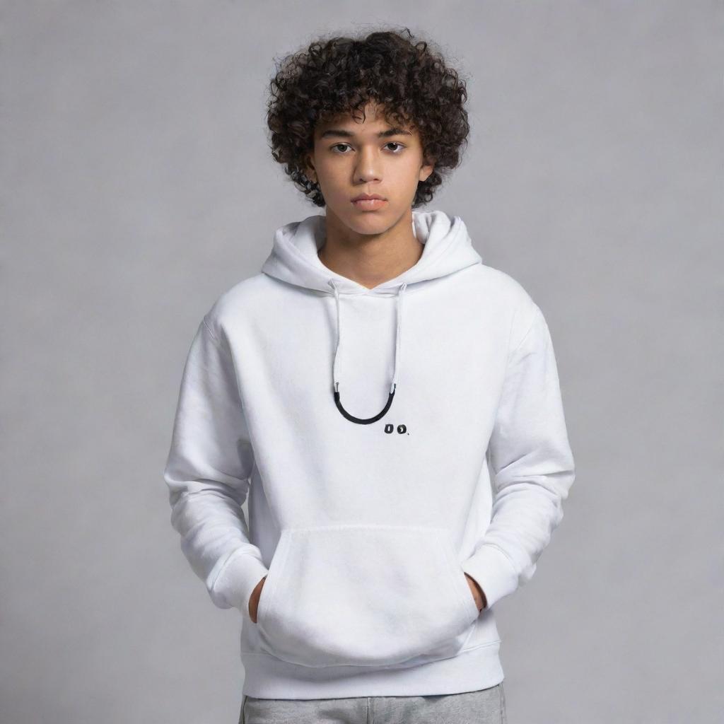 A curly-haired 17-year-old Indonesian boy in a white hoodie with the word 'Jo', gray pants, and white shoes. He is striking a pose with his hands in his pockets, gazing intensely.