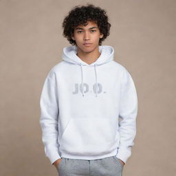 A curly-haired 17-year-old Indonesian boy in a white hoodie with the word 'Jo', gray pants, and white shoes. He is striking a pose with his hands in his pockets, gazing intensely.