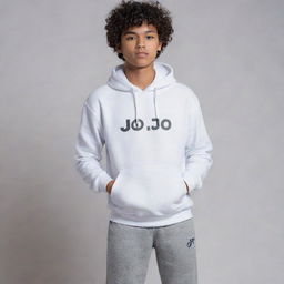 A curly-haired 17-year-old Indonesian boy in a white hoodie with the word 'Jo', gray pants, and white shoes. He is striking a pose with his hands in his pockets, gazing intensely.