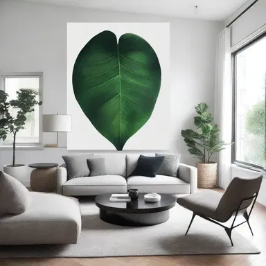 The minimalist living room had a large painting of an entire leaf hanging on the wall, adding a touch of nature to the modern design.