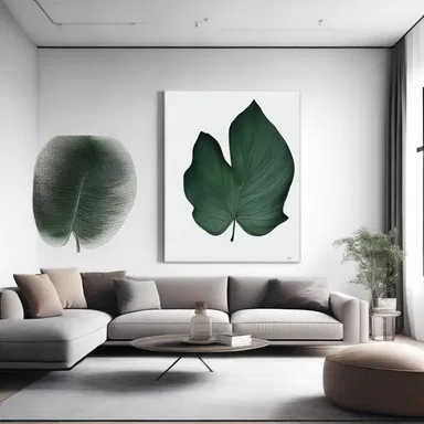 The minimalist living room had a large painting of an entire leaf hanging on the wall, adding a touch of nature to the modern design.