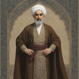 Detailed and striking depiction of the legendary Iranian character, Rstam, in traditional Persian attire with a heroic posture.