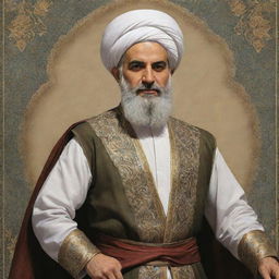 Detailed and striking depiction of the legendary Iranian character, Rstam, in traditional Persian attire with a heroic posture.