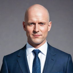 Illustration of a bald man with charismatic features, dressed in a smart casual suit, radiating a confident aura.