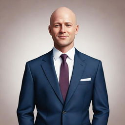 Illustration of a bald man with charismatic features, dressed in a smart casual suit, radiating a confident aura.