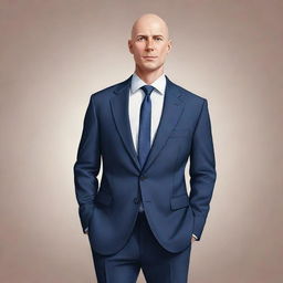 Illustration of a bald man with charismatic features, dressed in a smart casual suit, radiating a confident aura.