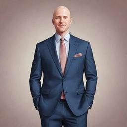 Illustration of a bald man with charismatic features, dressed in a smart casual suit, radiating a confident aura.