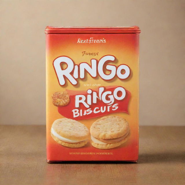 Delicious, buttery, and creamy Ringo Biscuits manufactured by Peek Freans. The biscuits are bathed in a warm, inviting light, set against a delightful biscuit-themed background.