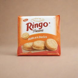 Delicious, buttery, and creamy Ringo Biscuits manufactured by Peek Freans. The biscuits are bathed in a warm, inviting light, set against a delightful biscuit-themed background.