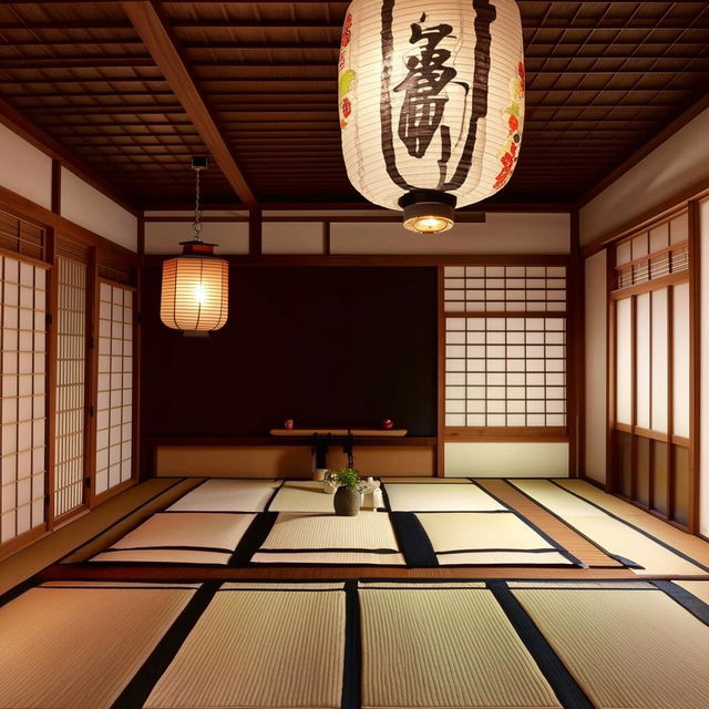 A traditionally styled Japanese dining room with tatami mats, low wooden table, and paper lanterns hanging from the ceiling