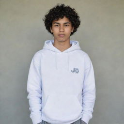 A portrait of a 17-year-old Indonesian boy with curly hair, wearing a white hoodie with 'Jo' written on it, gray school pants, and white shoes. His hands are tucked into the pockets and he gazes sharply.