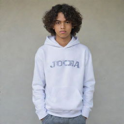 A portrait of a 17-year-old Indonesian boy with curly hair, wearing a white hoodie with 'Jo' written on it, gray school pants, and white shoes. His hands are tucked into the pockets and he gazes sharply.